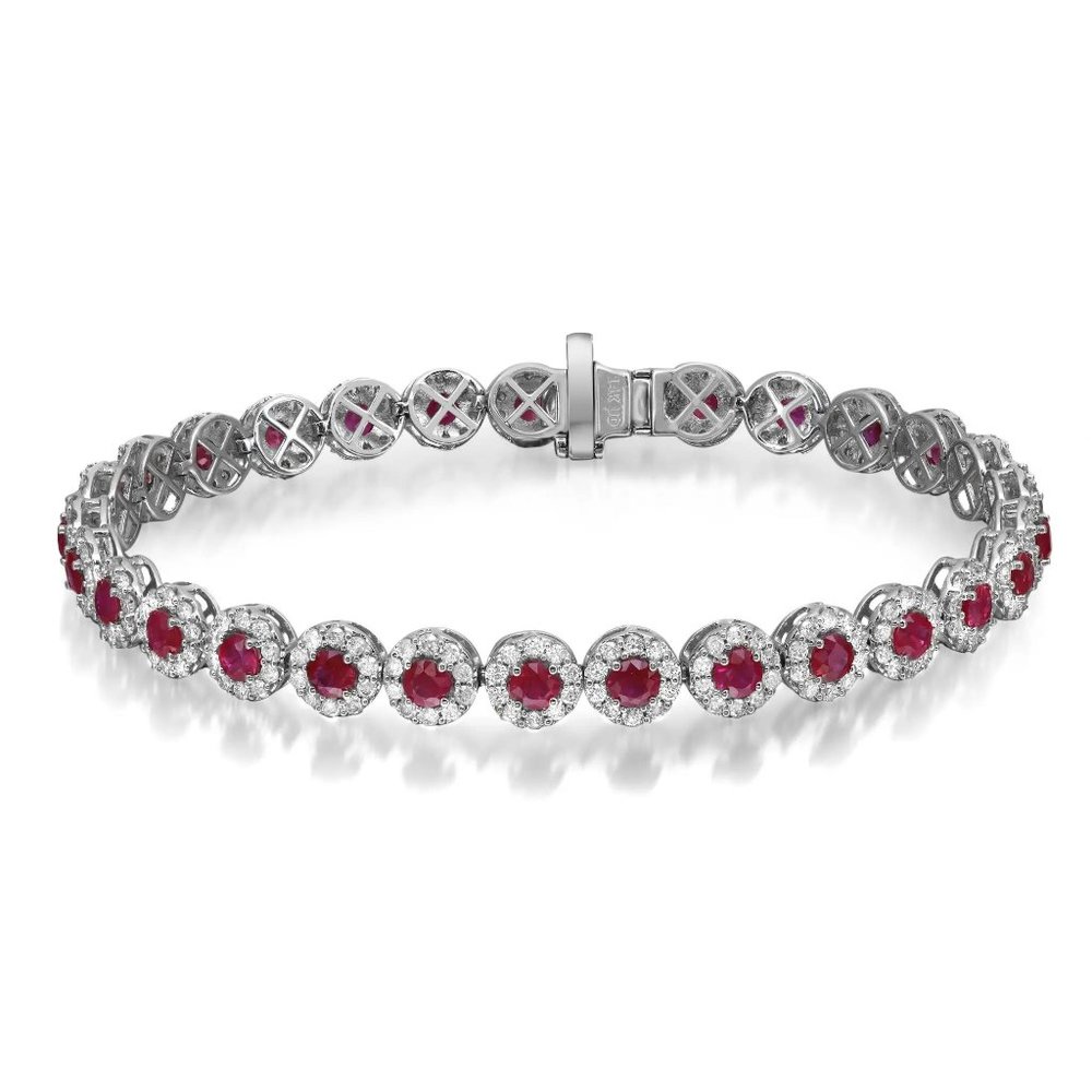 Ruby & Halo Diamond Tennis Bracelet Round Cut 14K White Gold